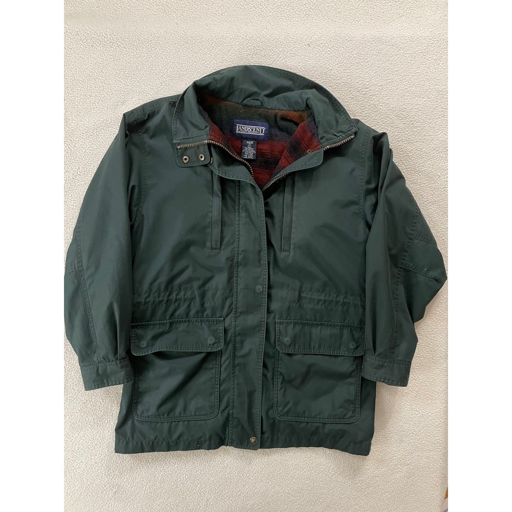 Vintage 90s Lands End Women Small Jacket Green Wool Lined Field Coat Striped